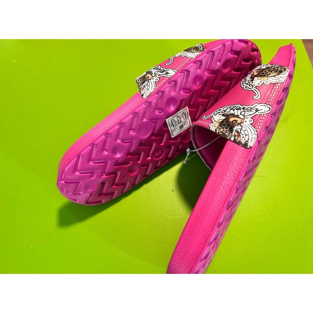 Ed‎ Hardy Pink Koi Fish Tattoo Graphic Slide Sandals Kids Size 3